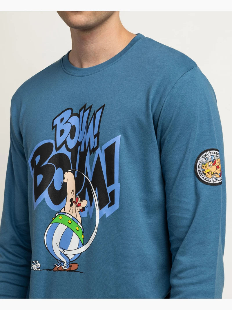 Pijama de hombre Astérix Obélix Boum de manga larga azul