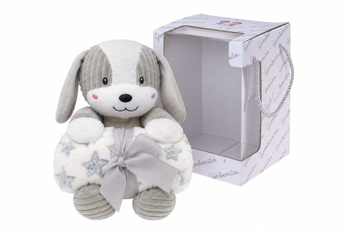 Manta bebé con peluche perrito Gamberritos gris
