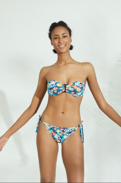BIKINI BANDEAU PUSH UP NAVY FLOWERS