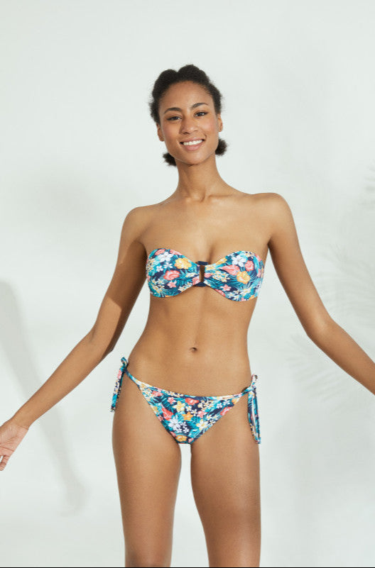BIKINI BANDEAU PUSH UP NAVY FLOWERS