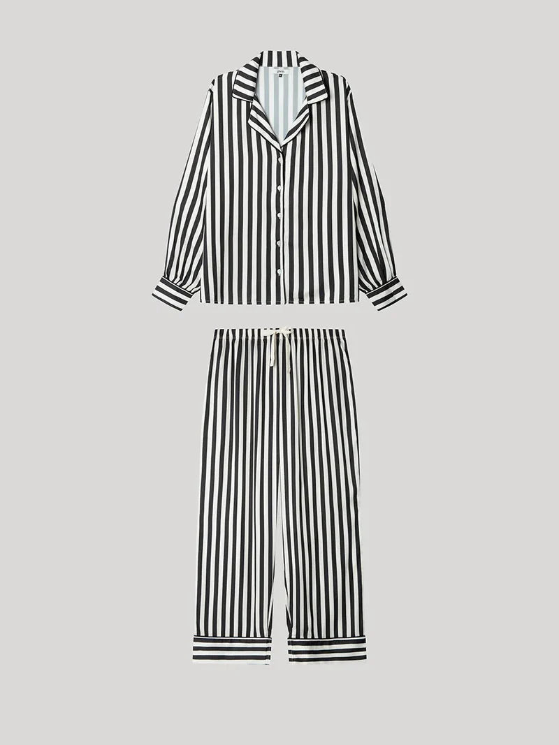 PIJAMA ABIERTO MANGA LARGA SATINADO MUJER RAYAS BLACK & WHITE