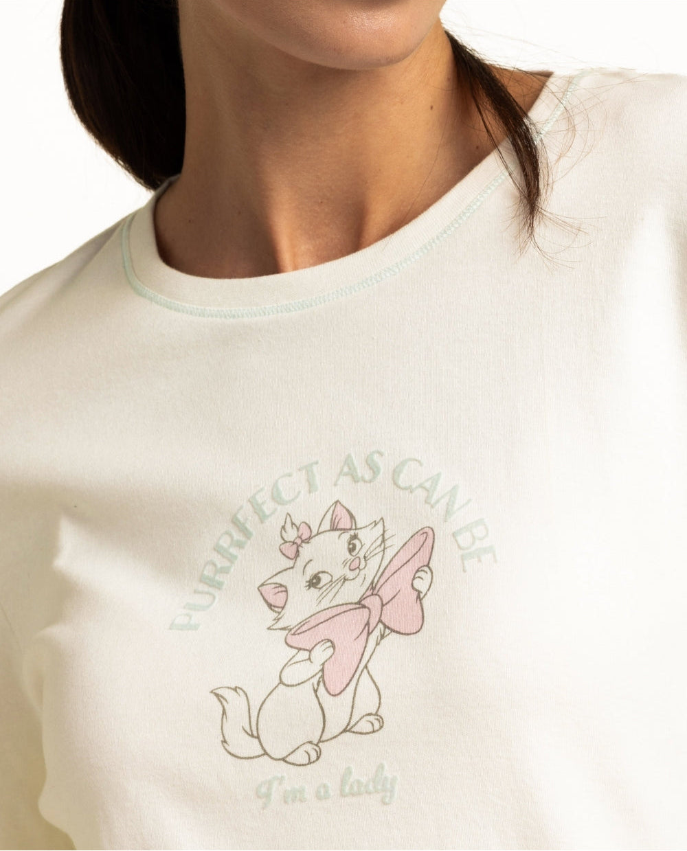 Pijama de mujer disney los aristogatos de algodón manga larga crudo y azul
