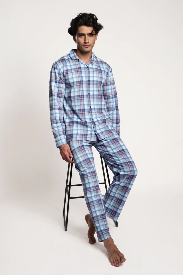 Pijama largo de hombre de cuadros 100% algodón multicolor