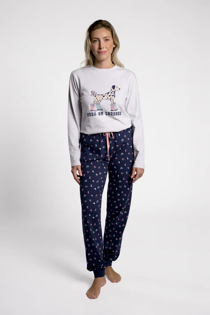 Pijama largo de mujer de algodón con perrito y botas