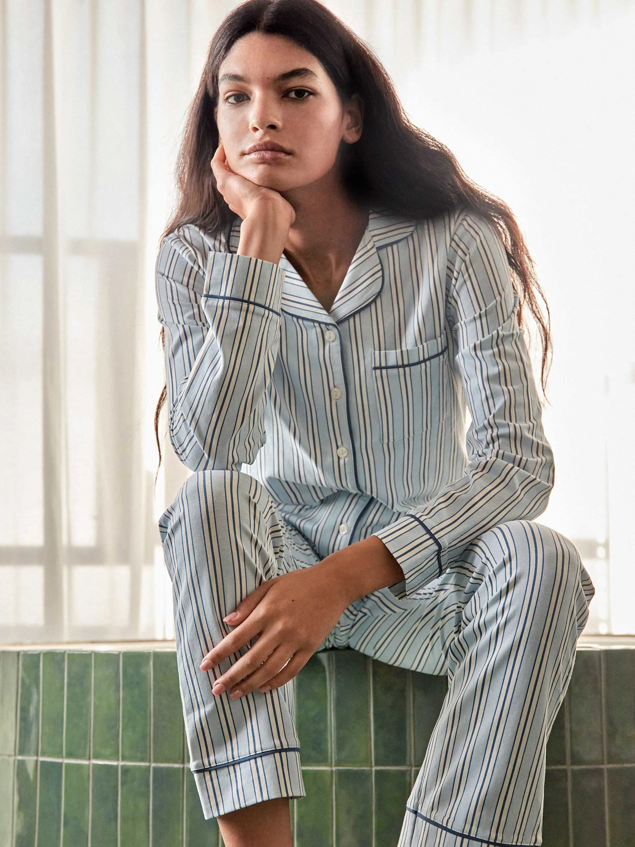 Pijama camisero mujer de rayas con vivos a contraste