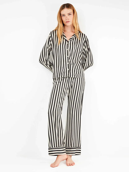 PIJAMA ABIERTO MANGA LARGA SATINADO MUJER RAYAS BLACK & WHITE