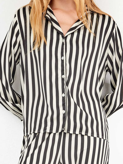 PIJAMA ABIERTO MANGA LARGA SATINADO MUJER RAYAS BLACK & WHITE