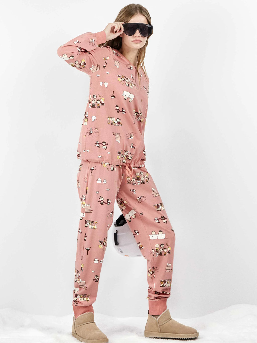 Pijama largo Snoopy mujer rosa de algodón elástico
