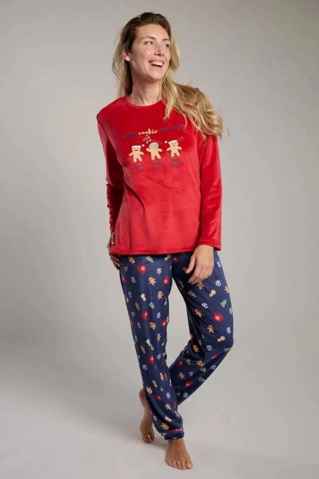 Pijama largo de mujer navideño Cookie en rojo y azul marino