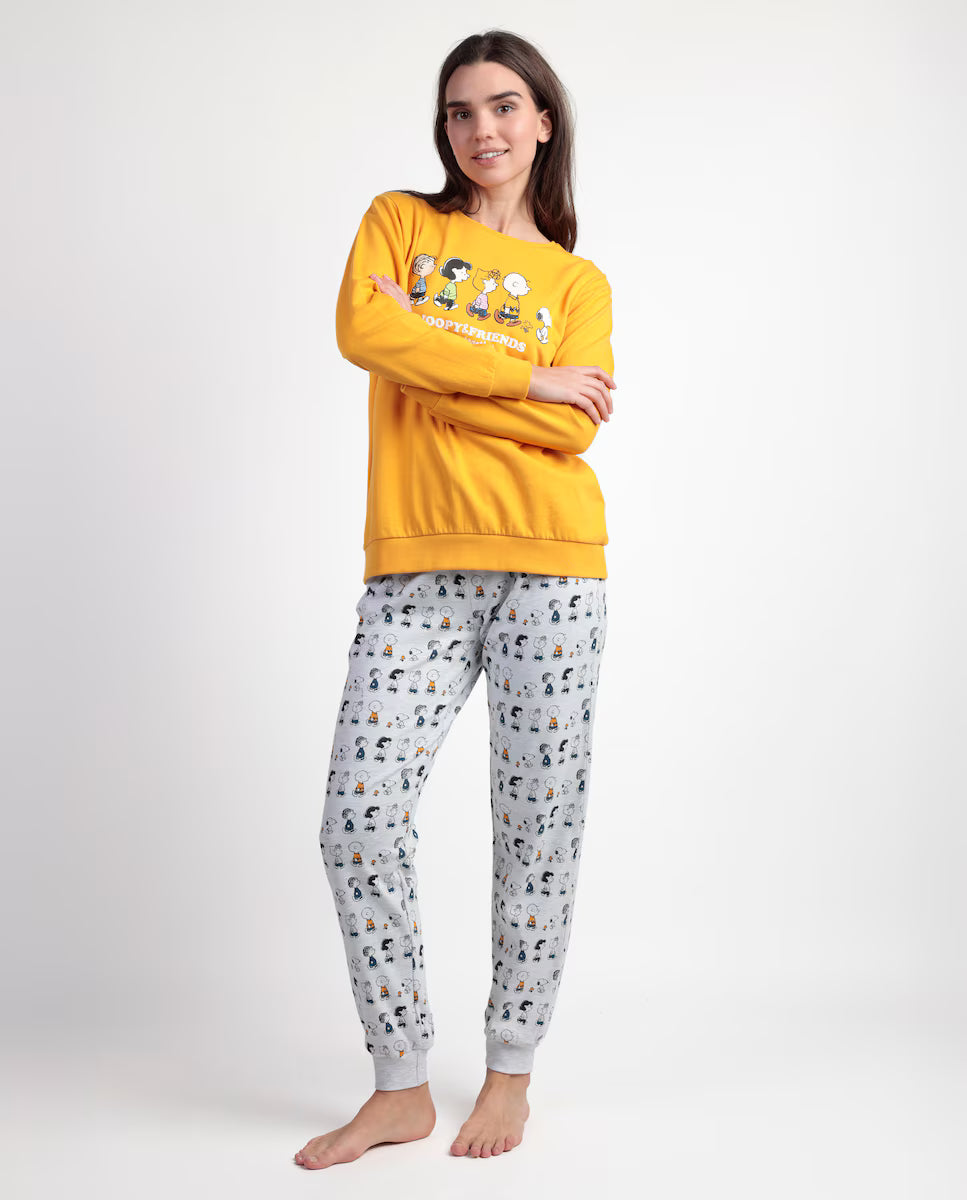 PIJAMA MANGA LARGA MUJER SNOOPY&FRIENDS MOSTAZA