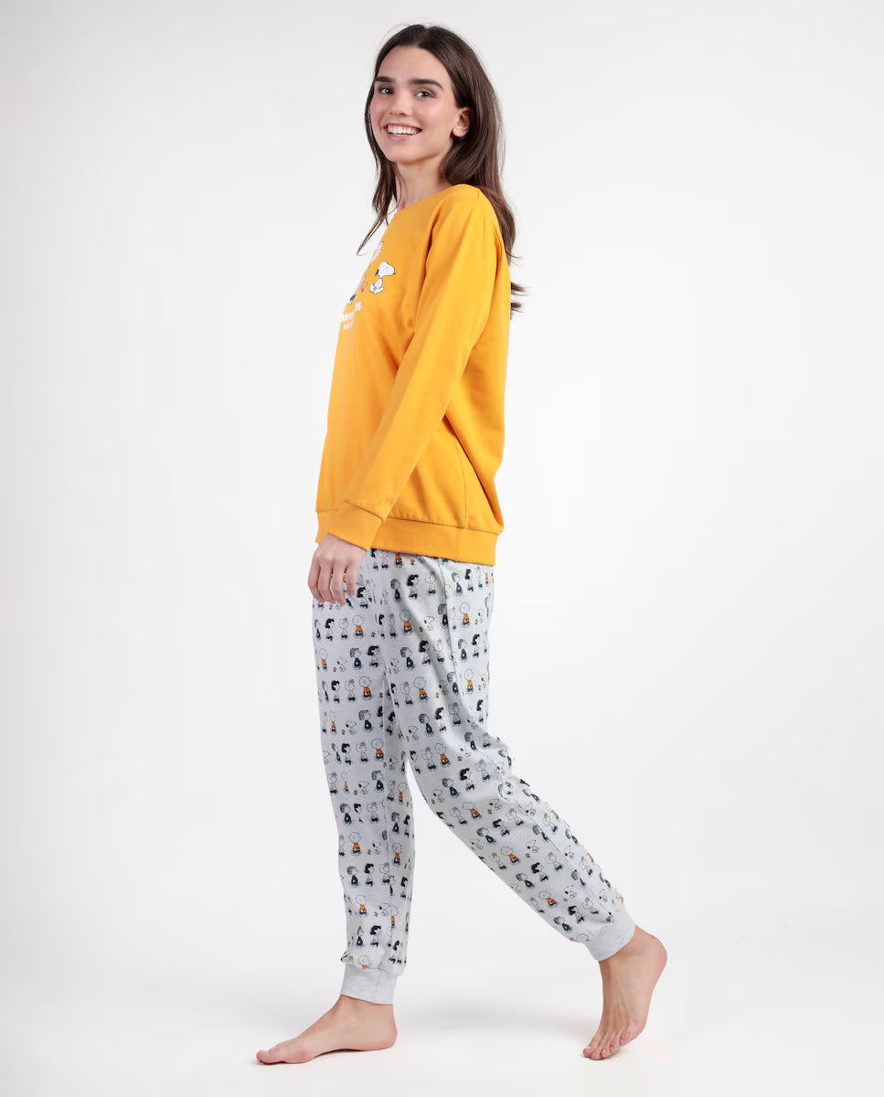 PIJAMA MANGA LARGA MUJER SNOOPY&FRIENDS MOSTAZA