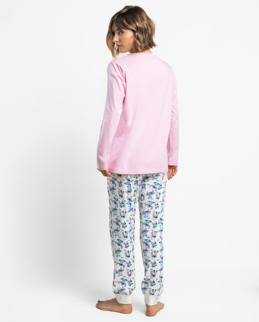 Pijama de mujer Disney Stitch time to chill rosa de algodón
