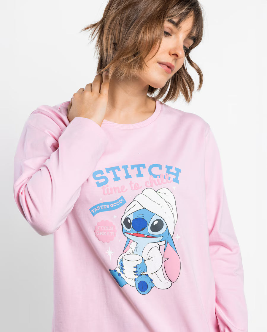 Pijama de mujer Disney Stitch time to chill rosa de algodón