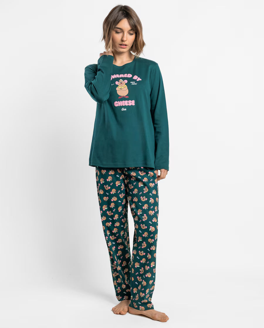 Pijama de mujer Disney Gus Gus Cheese de manga larga verde