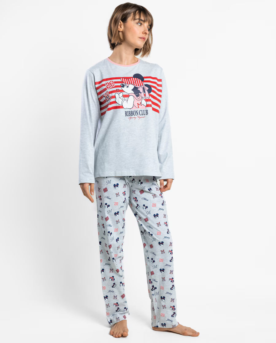 Pijama Mujer Disney Minnie Mouse Ribbon Club Gris Jaspe de Algodón