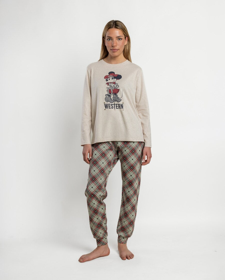 Pijama Mujer Disney Minnie Western Beige Manga Larga de Algodón