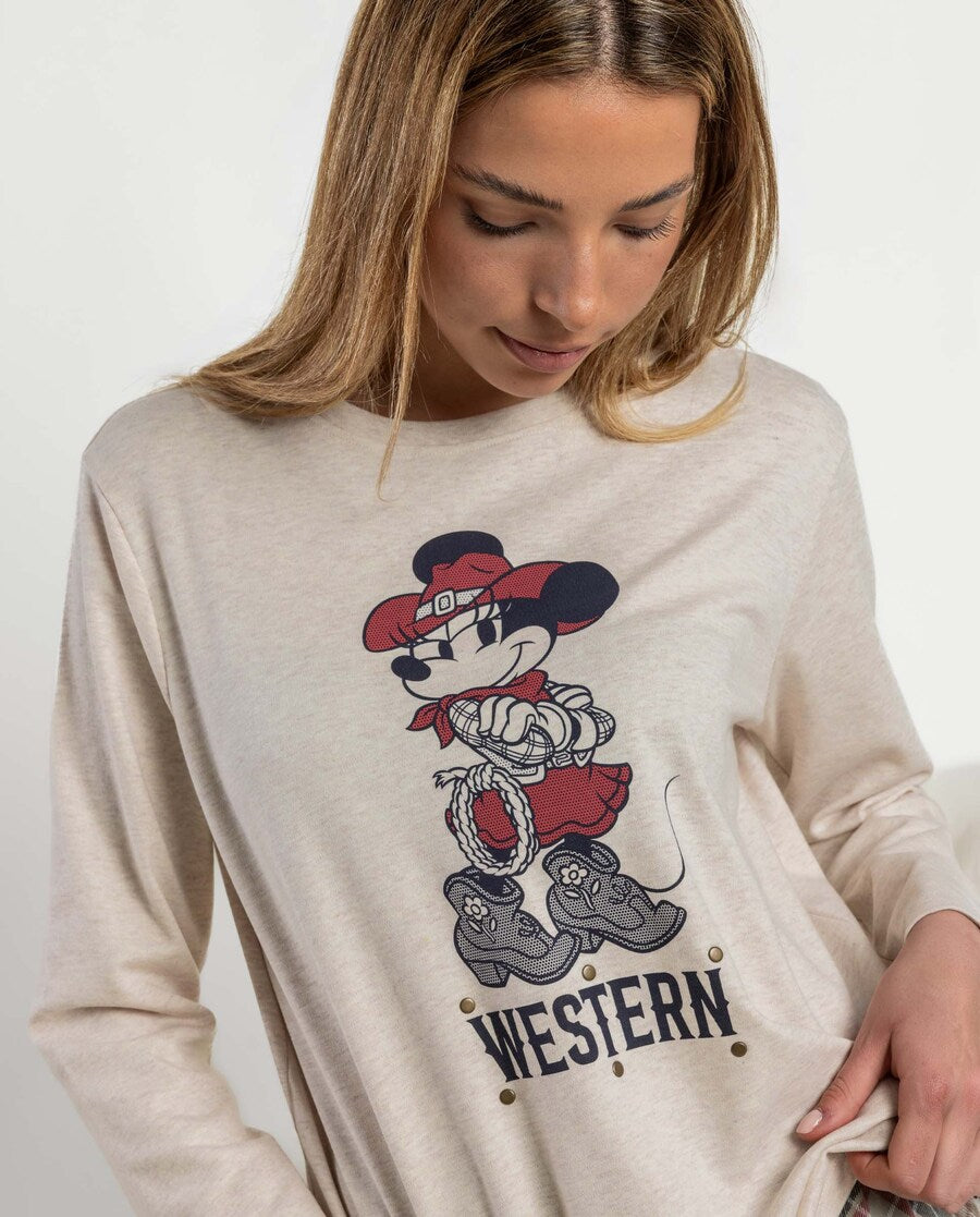 Pijama Mujer Disney Minnie Western Beige Manga Larga de Algodón