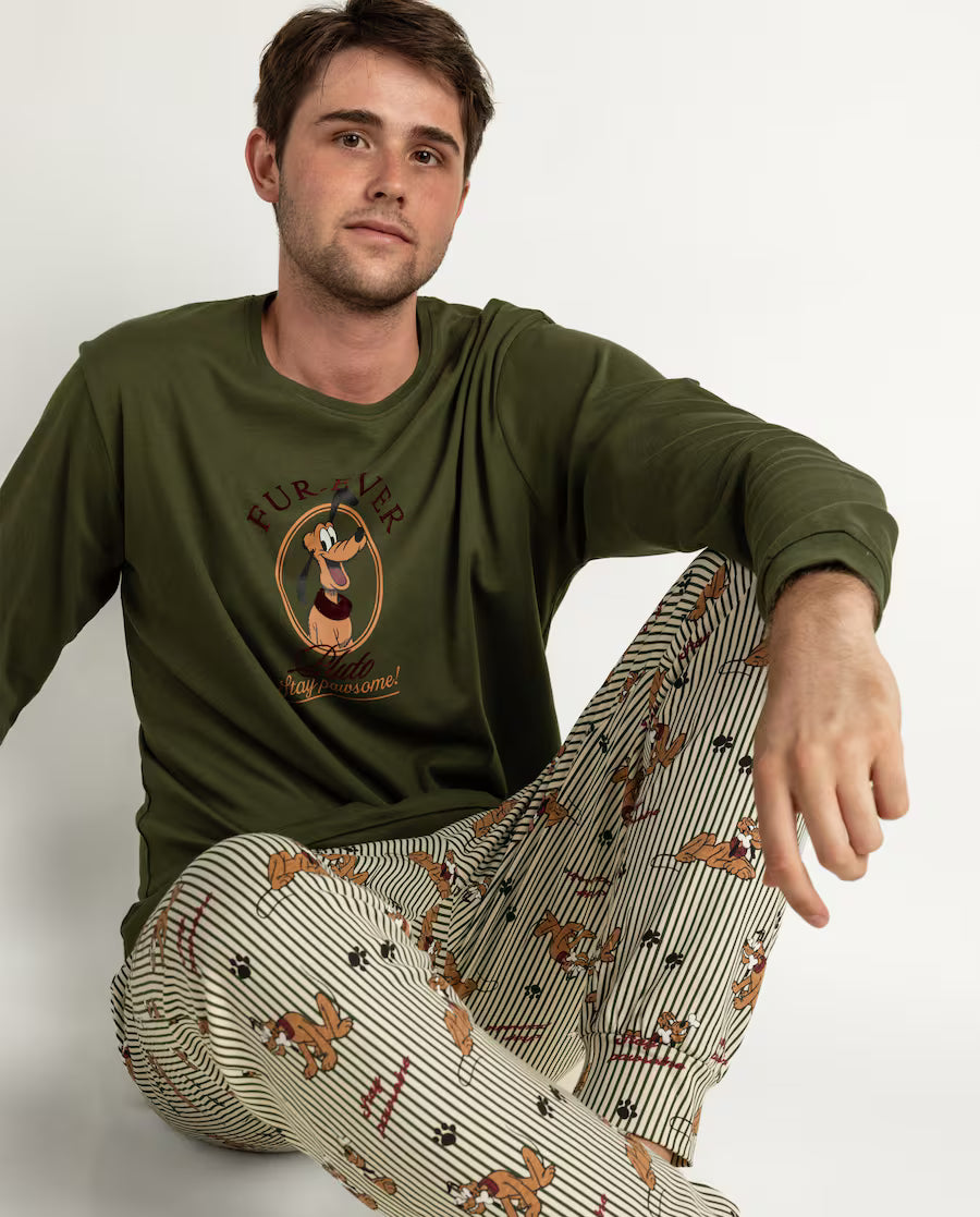 Pijama Hombre Disney Pluto Stay Pawsome Verde 100% Algodón
